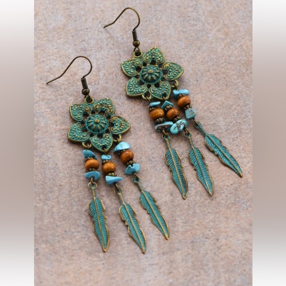 Boho Gypsy Stamped Metal Patina Drop Earrings - Picture 7 of 13